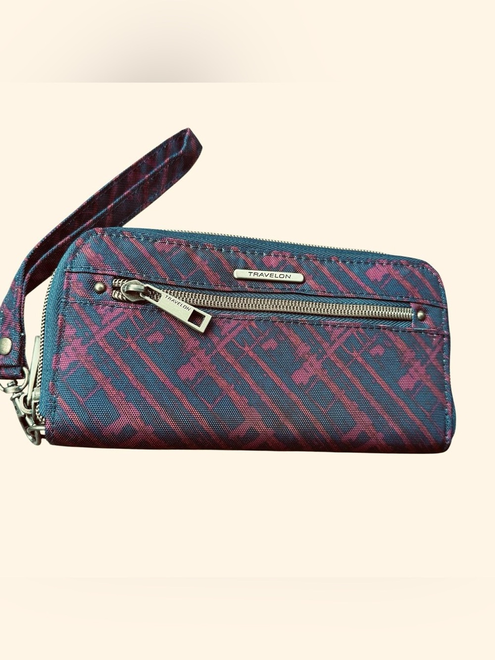Travelon Zip Around Wristlet Wallet Navy Blue and Red